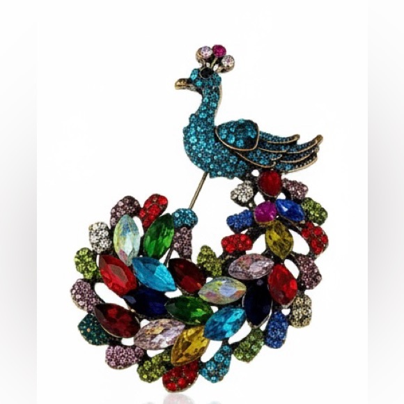 Multi Color Rainbow Rhinestone Peacock Brooch - Picture 4 of 12
